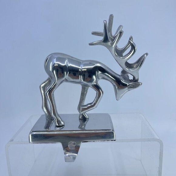 silver tone metal reindeer stocking holders with antler holiday decor pair - Picture 2 of 9
